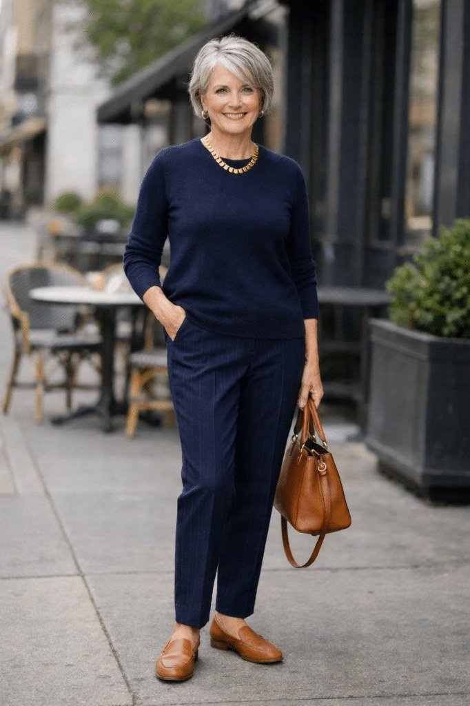 Elegant work outfit for women over 50: navy sweater, navy trousers, tan leather bag, cafe street