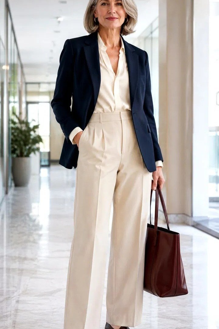 Elegant work outfit for women over 50: navy blazer, white shirt, cream trousers, burgundy tote, lobby