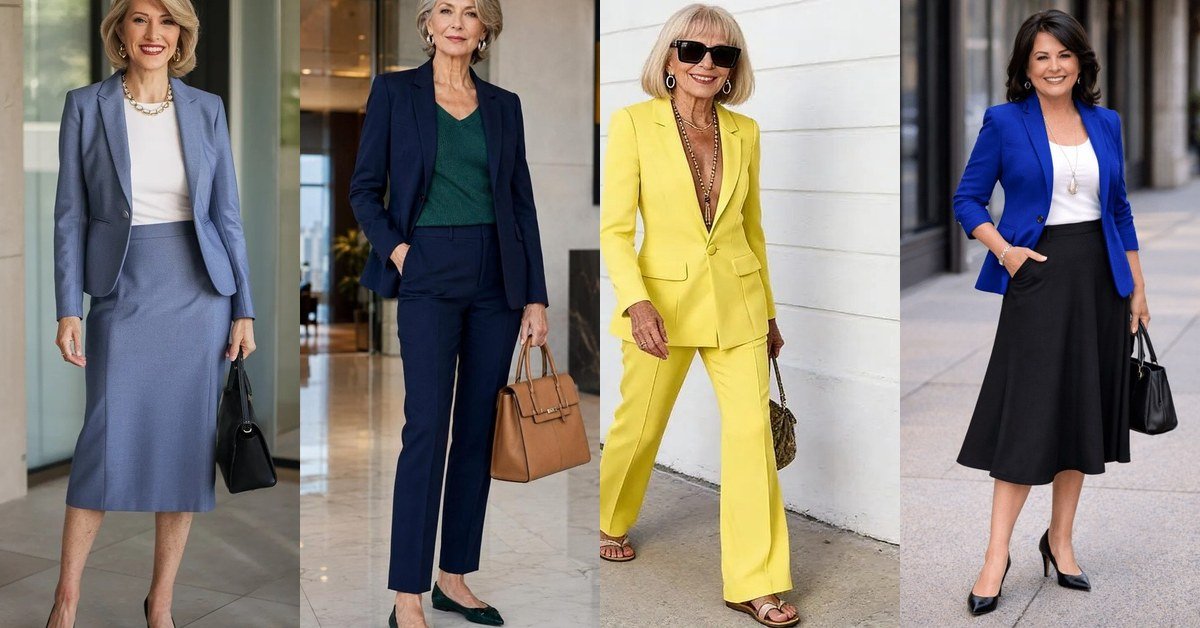 Collage of elegant work outfits for women over 50: blue blazer suit, navy blazer, yellow suit, and royal blue blazer looks