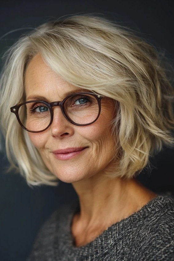 Warm Blonde Layered Bob with a Friendly Smile, an elegant short haircut for older women