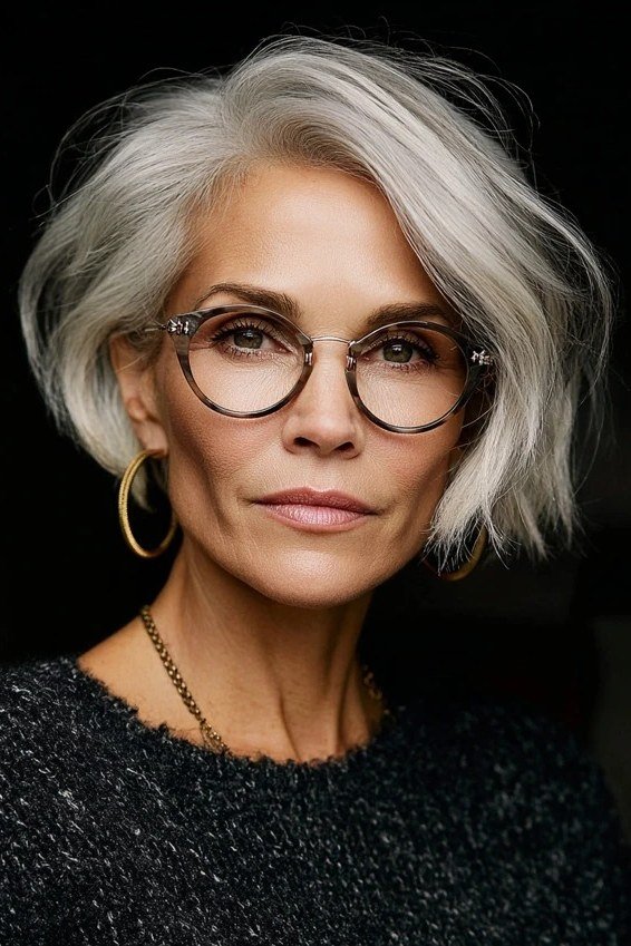 Polished Silver Bob with Square Glasses, an elegant short haircut for older women