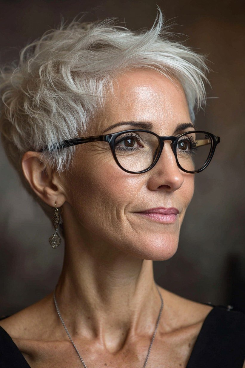 Side-Profile Textured Pixie with Glasses, an elegant short haircut for older women