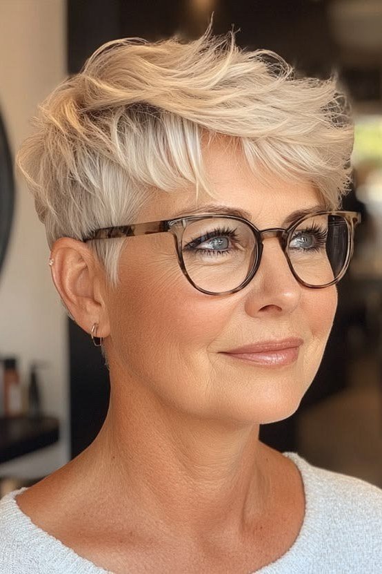 Blonde Textured Pixie with Glasses, Three-Quarter View, an elegant short haircut for older women