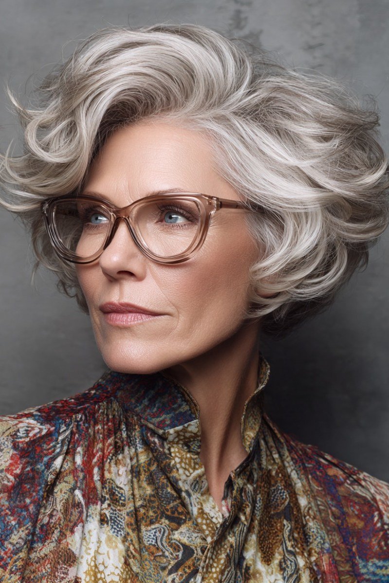 Bouncy Silver Curly Bob with Glasses, an elegant short haircut for older women