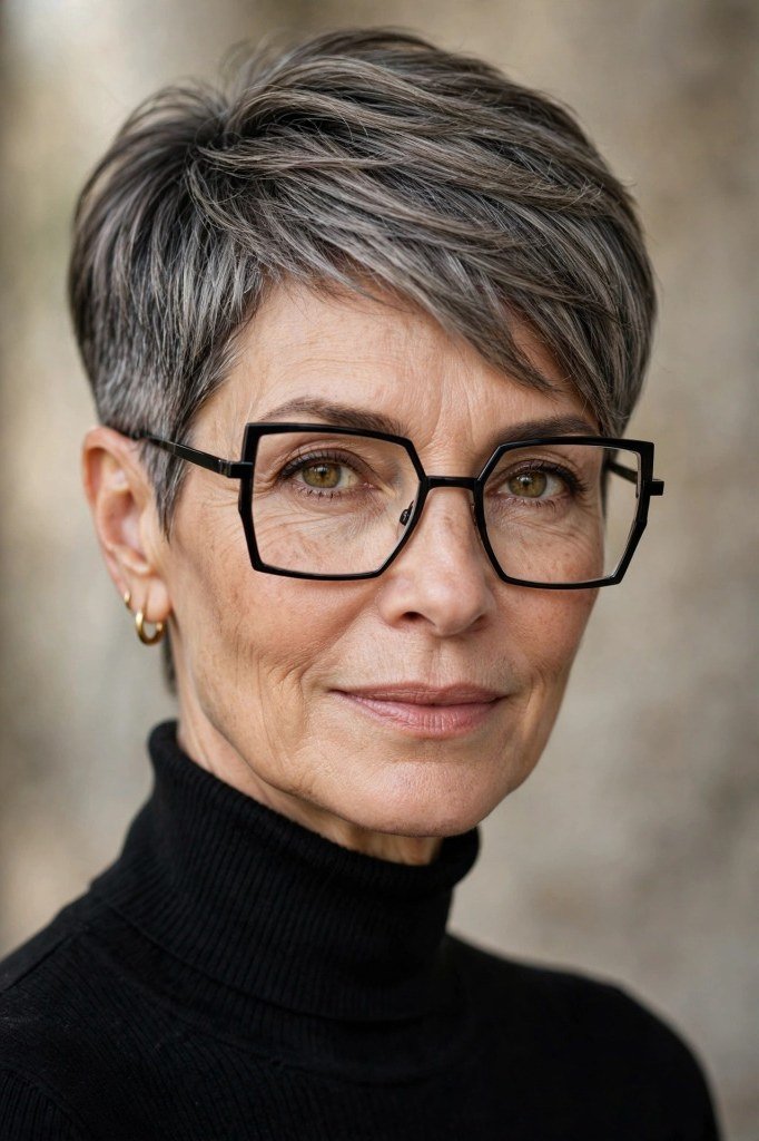 Gray Textured Pixie with Glasses, an elegant short haircut for older women