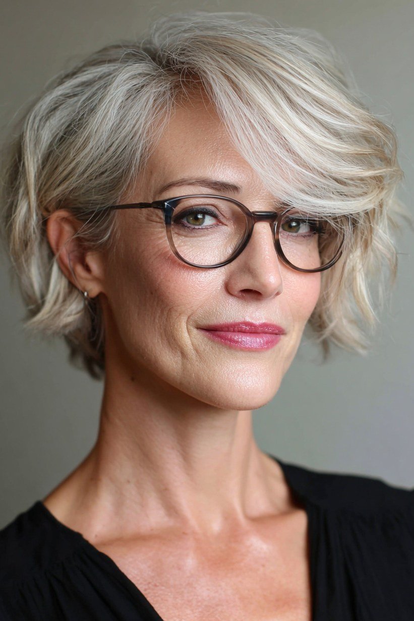 Platinum Textured Bob with Modern Edge, an elegant short haircut for older women