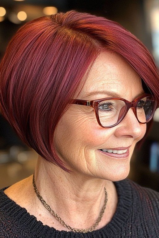 Deep Burgundy Bob with a Side View, an elegant short haircut for older women