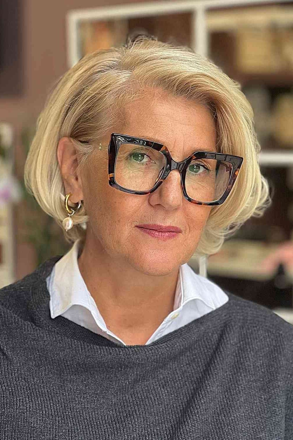Golden Blonde Bob with Bold Black Frames, an elegant short haircut for older women