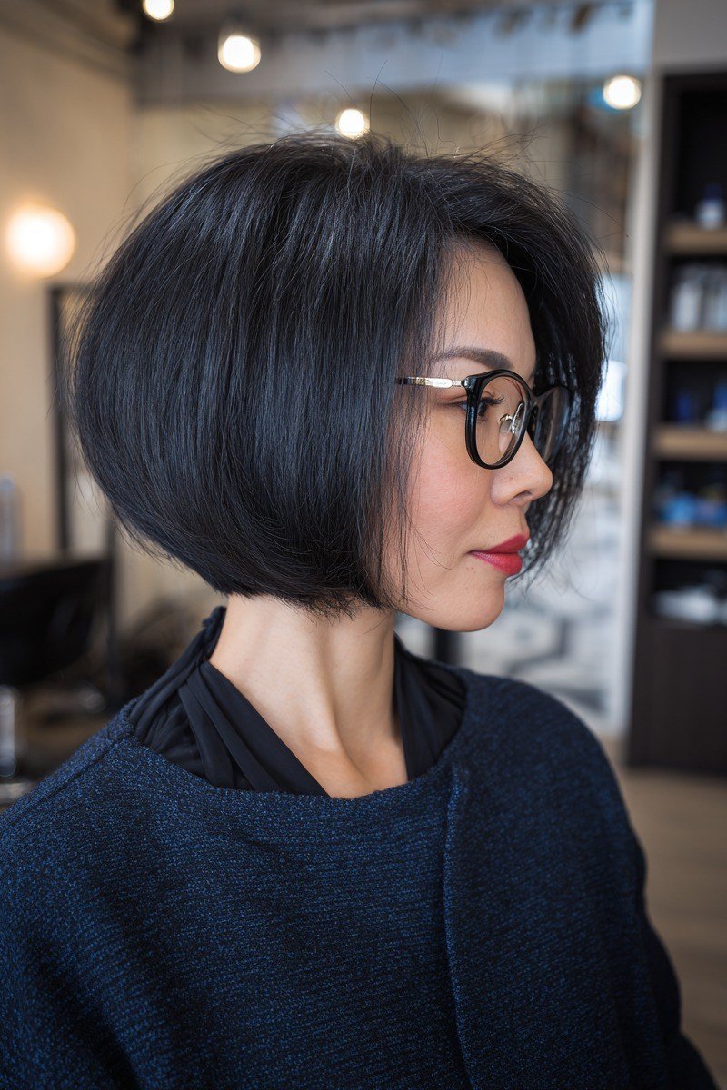 Classic Black Bob in Side Profile, an elegant short haircut for older women