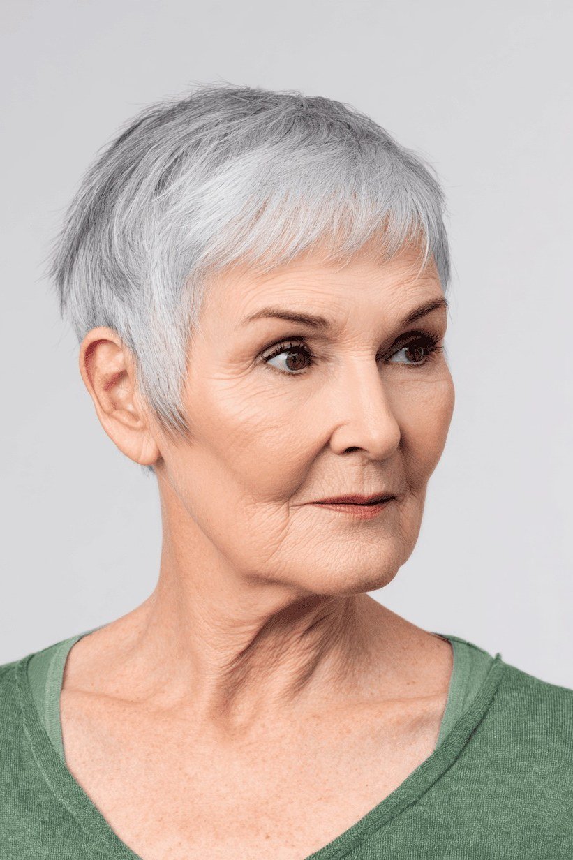 White Cropped Pixie, an elegant short haircut for older women