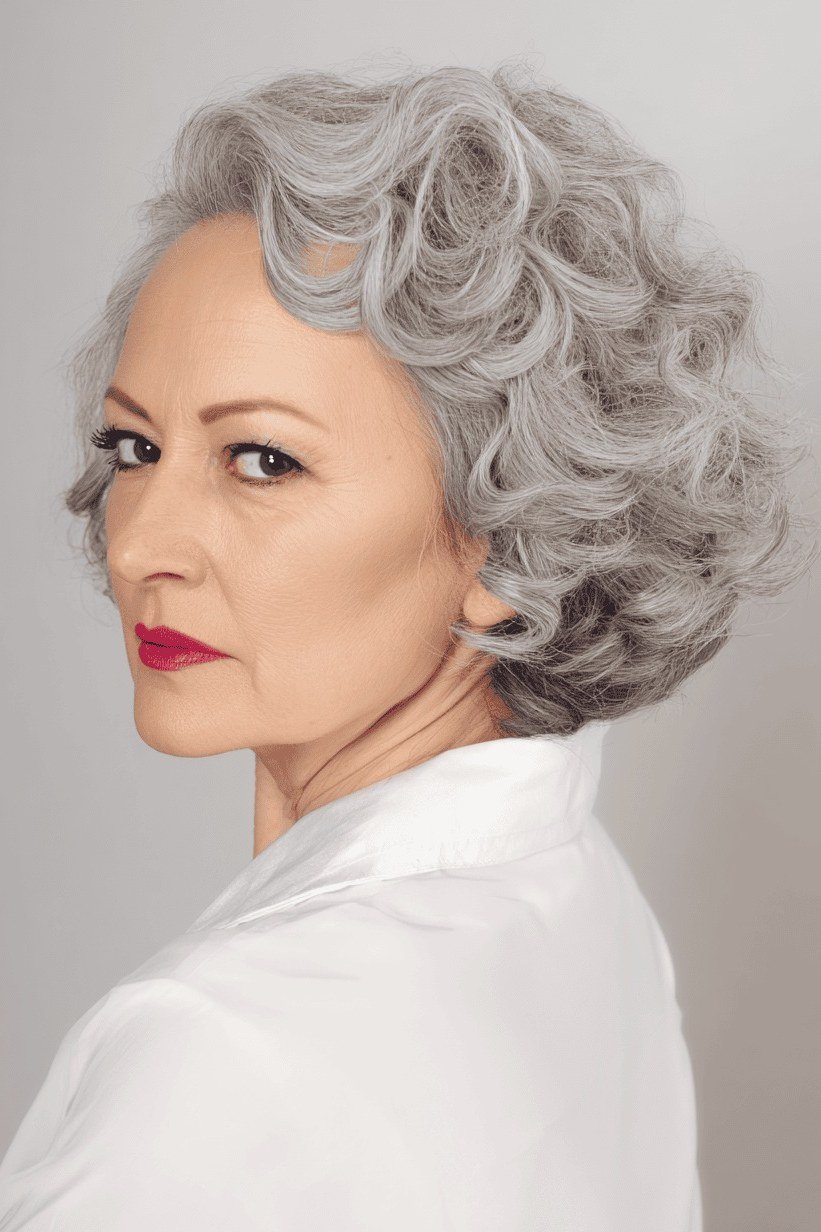 Textured Gray Curly Crop, an elegant short haircut for older women