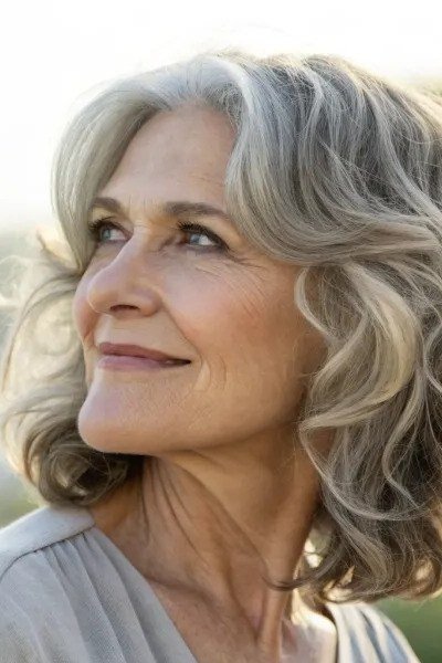 Wind-Kissed Silver Wavy Bob Outdoors, an elegant short haircut for older women
