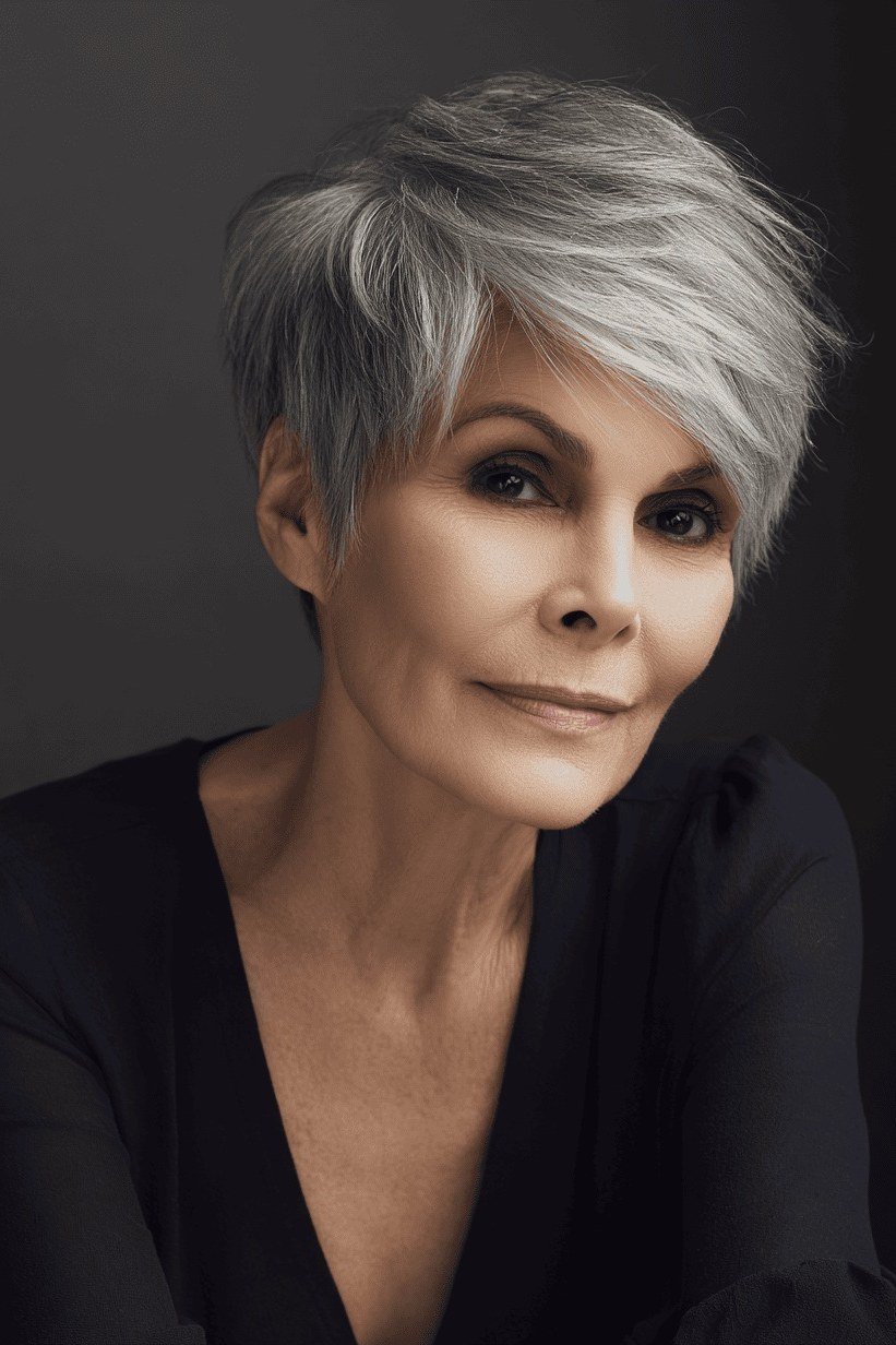 Voluminous Silver Pixie, Front View, an elegant short haircut for older women