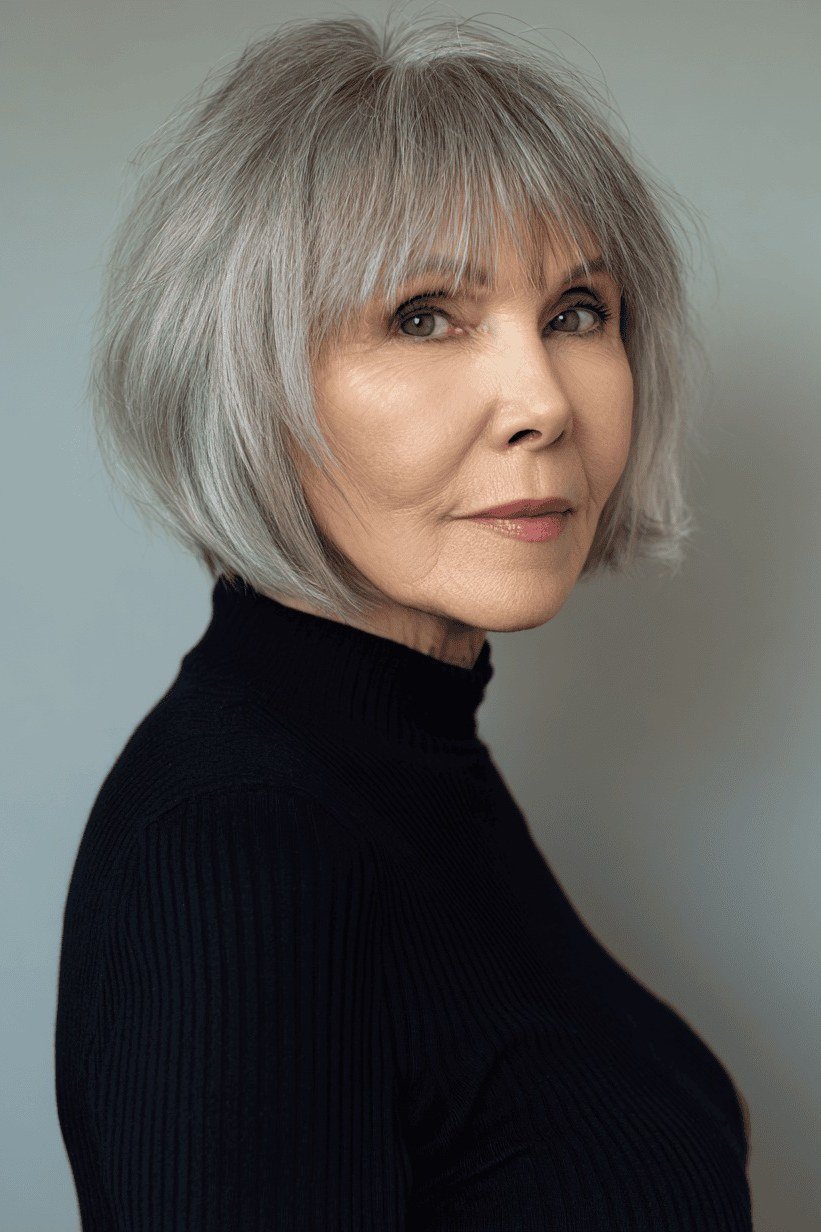 Silver Bob with Soft Face-Framing Bangs, an elegant short haircut for older women