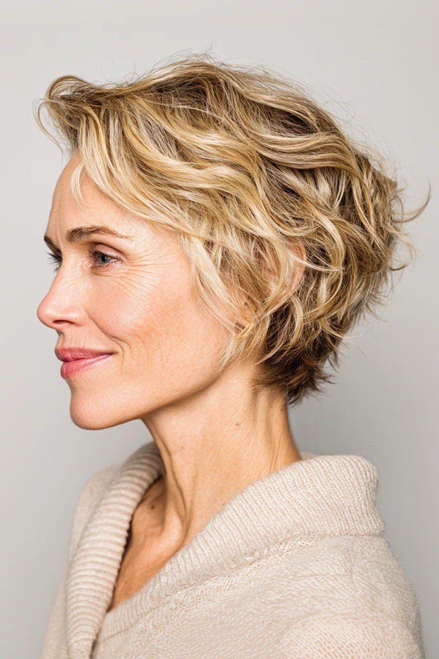 Side-Swept Blonde Curly Pixie Bob, an elegant short haircut for older women