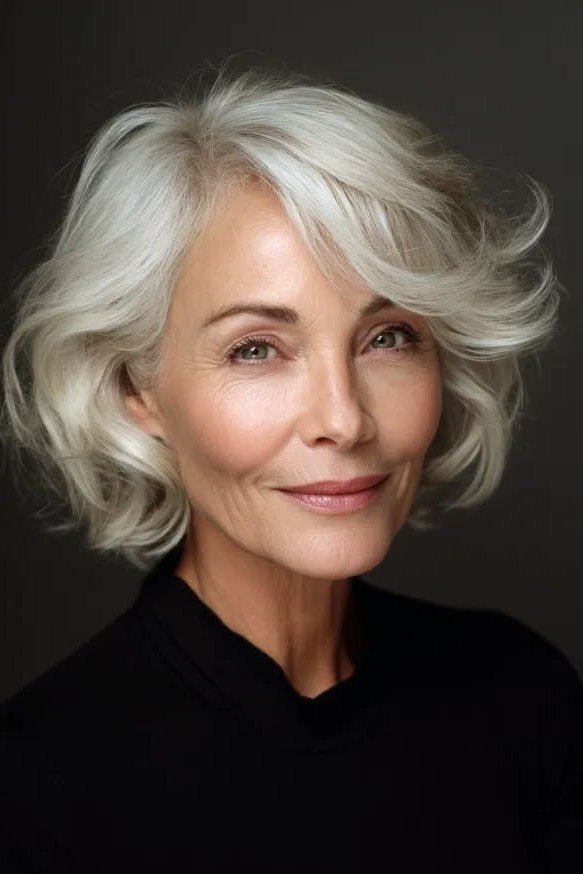 Flowing White Wavy Bob with Natural Volume, an elegant short haircut for older women