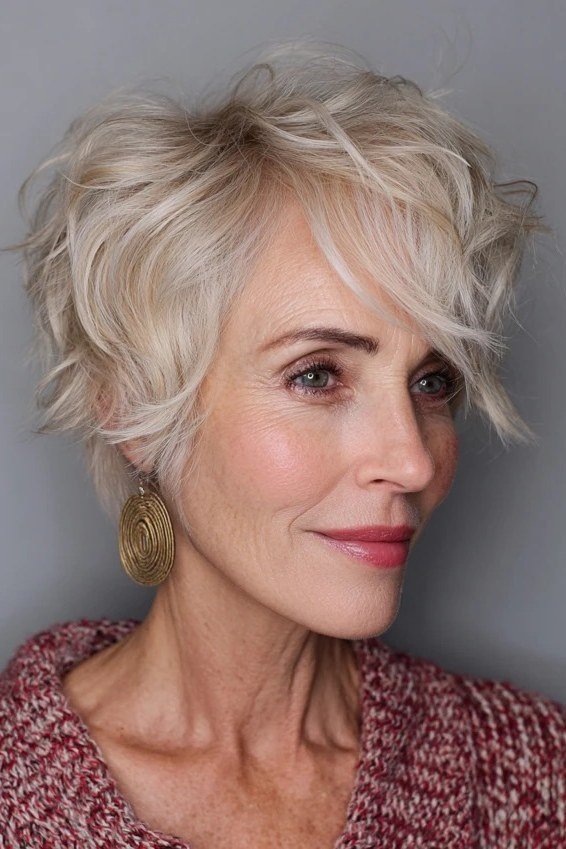 Choppy White Textured Shag, an elegant short haircut for older women