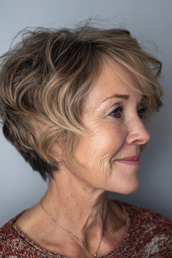 Classic Brown Wavy Bob in Profile, an elegant short haircut for older women