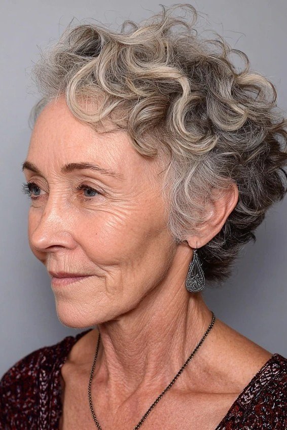 Gray Curly Pixie, Three-Quarter View, an elegant short haircut for older women