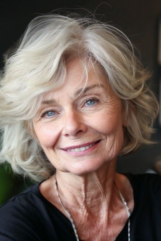Cheerful White Wavy Bob with a Big Smile, an elegant short haircut for older women