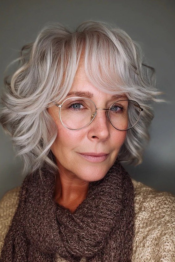 Silver Wavy Bob with Thin Metal Frames, an elegant short haircut for older women