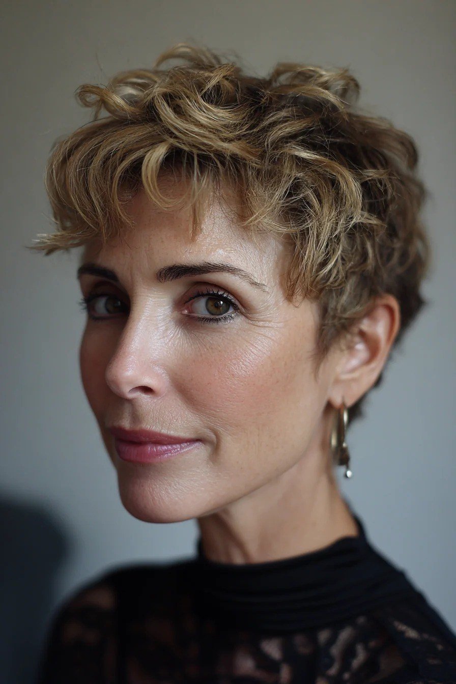 Brown Curly Pixie, an elegant short haircut for older women