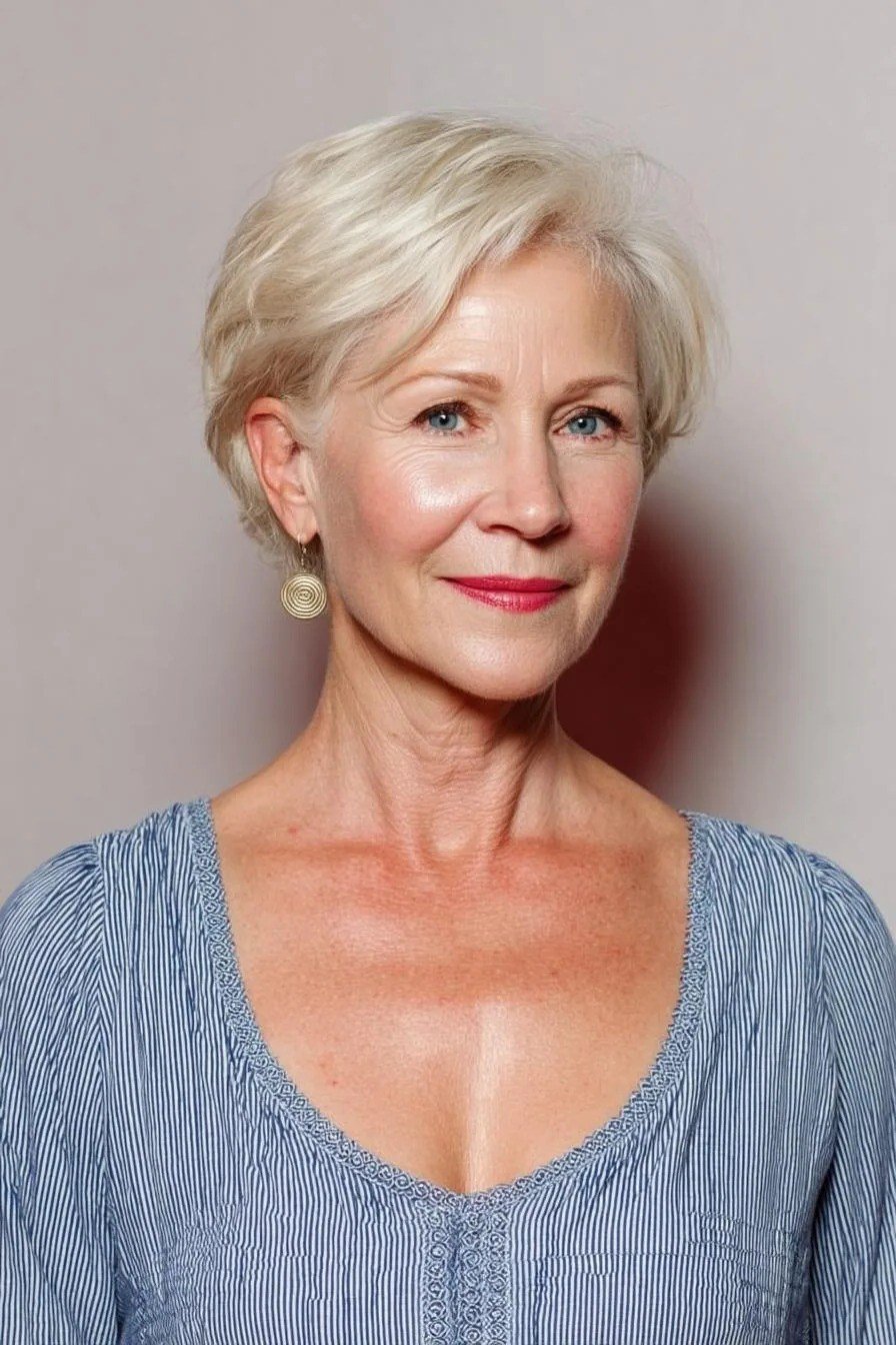Blonde Sleek Pixie, an elegant short haircut for older women