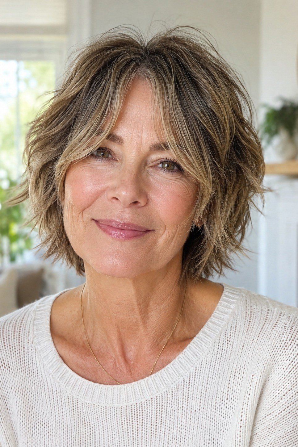 Highlighted Shaggy Bob with Lived-In Texture, an elegant short haircut for older women