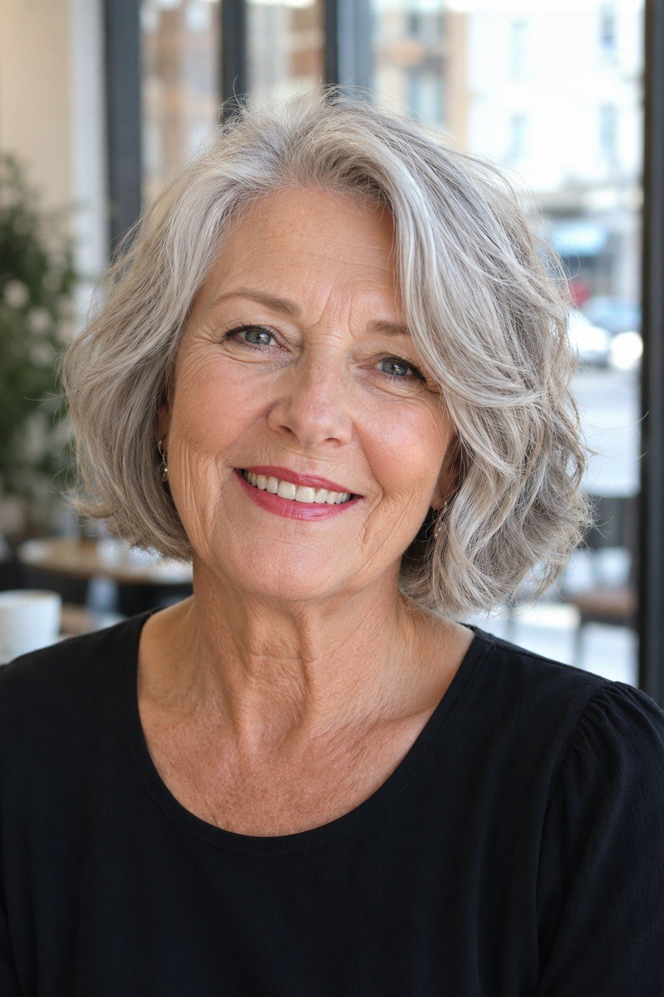 Smiling Silver Wavy Bob with Soft Shine, an elegant short haircut for older women