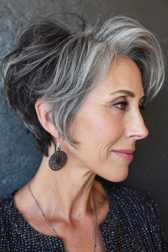 Sleek Silver Pixie with Earrings, Side View, an elegant short haircut for older women