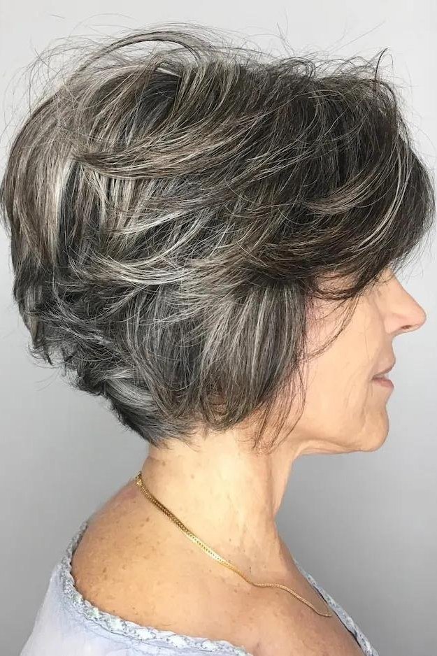 Dark Silver Layered Bob in Profile, an elegant short haircut for older women