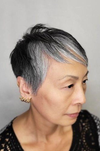 Dark Silver Pixie with Fringe, an elegant short haircut for older women