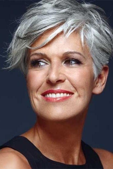 Silver Spiky Pixie, Smiling Front View, an elegant short haircut for older women