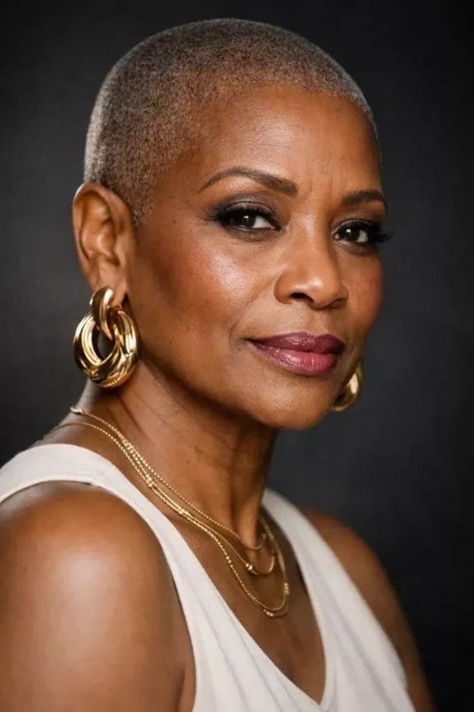Buzz Cut with Gold Earrings, an elegant short haircut for older women