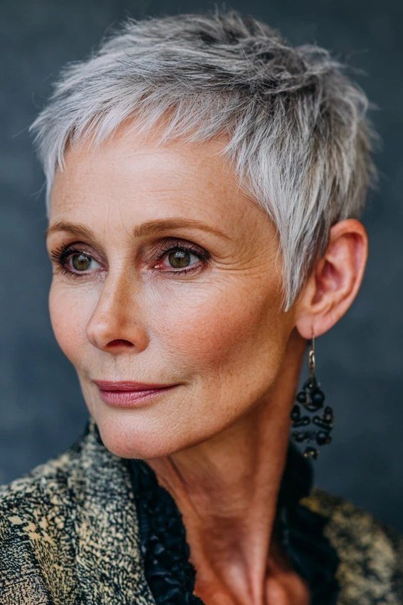 Silver Pixie with Earrings, Front View, an elegant short haircut for older women