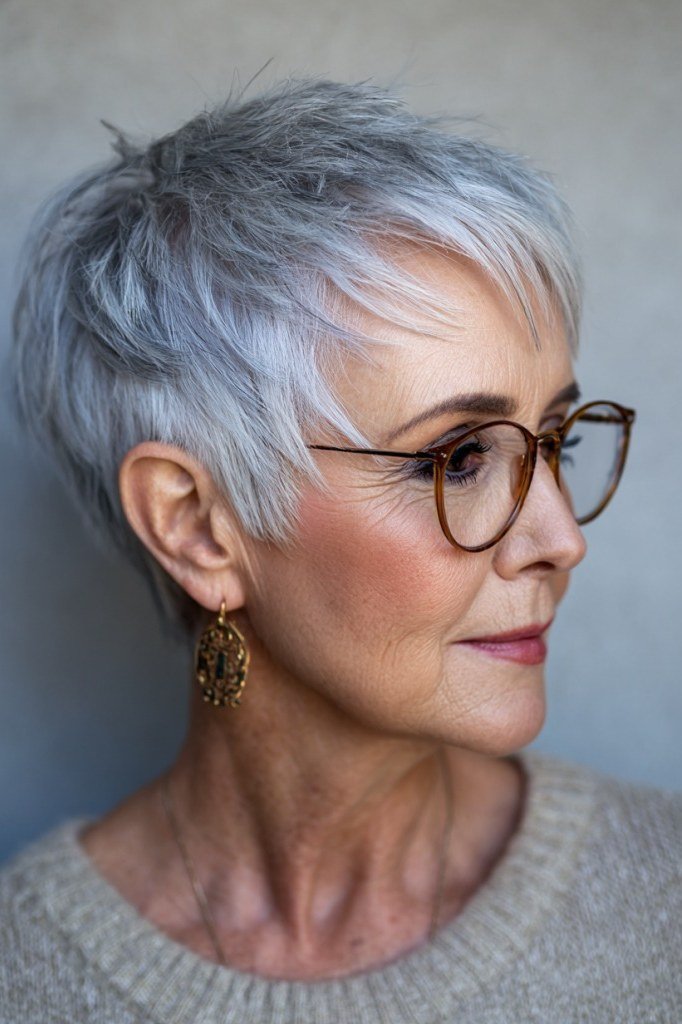 Silver Pixie with Glasses and Earrings, Side Profile, an elegant short haircut for older women