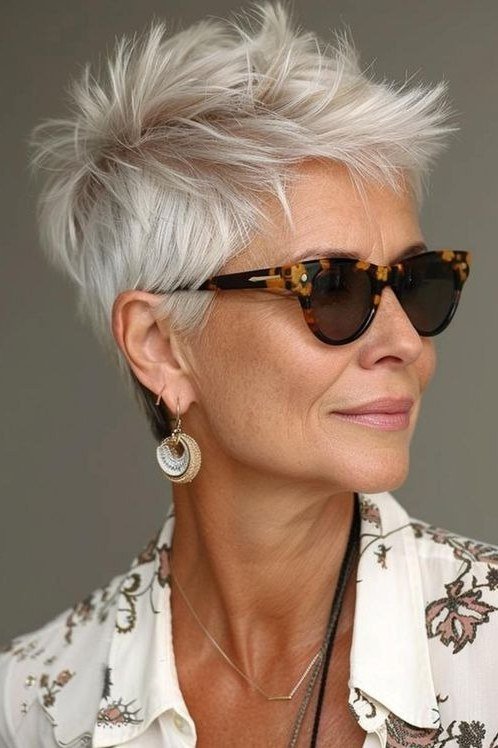 White Spiky Pixie with Sunglasses, an elegant short haircut for older women