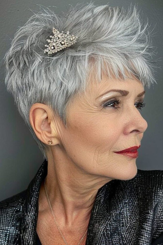 Silver Pixie with Hair Clip, an elegant short haircut for older women