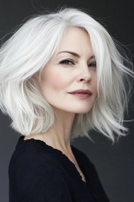 Glamorous White Voluminous Bob with a big, bouncy lift