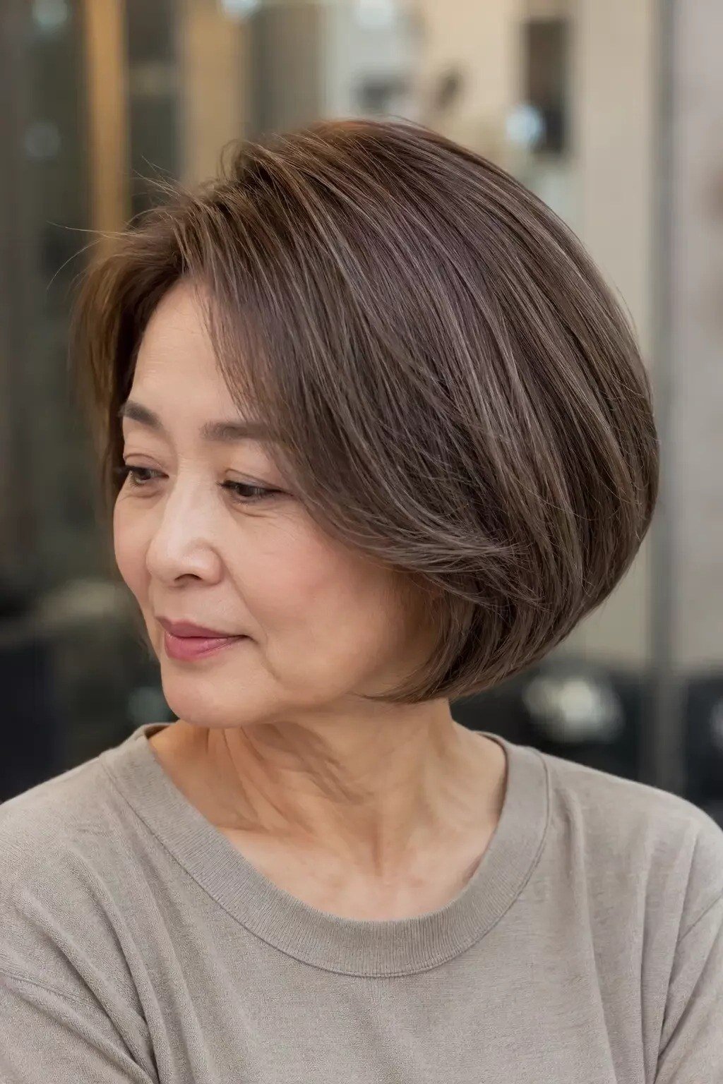 Rich Brown Sleek Bob in Side View, an elegant short haircut for older women