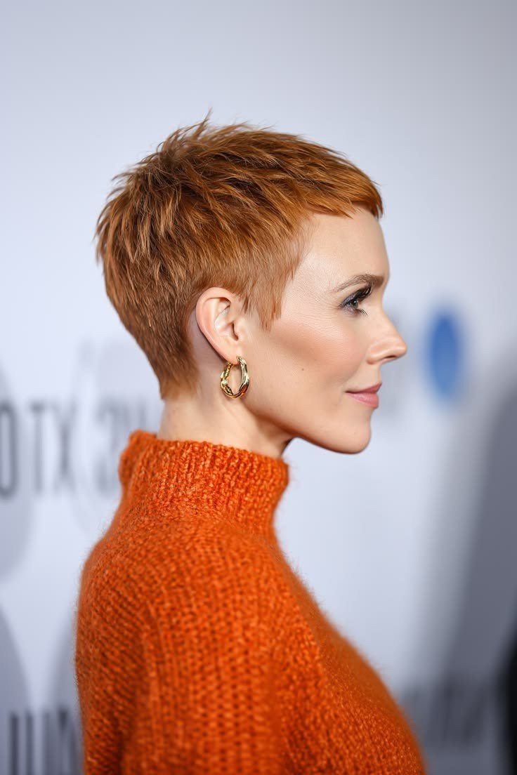 Copper Red Short Pixie, an elegant short haircut for older women