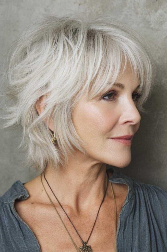 White Pageboy Bob with Glasses in Profile, an elegant short haircut for older women