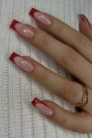 Red French Tips on a Nude Base, elegant winter nail color idea for older women