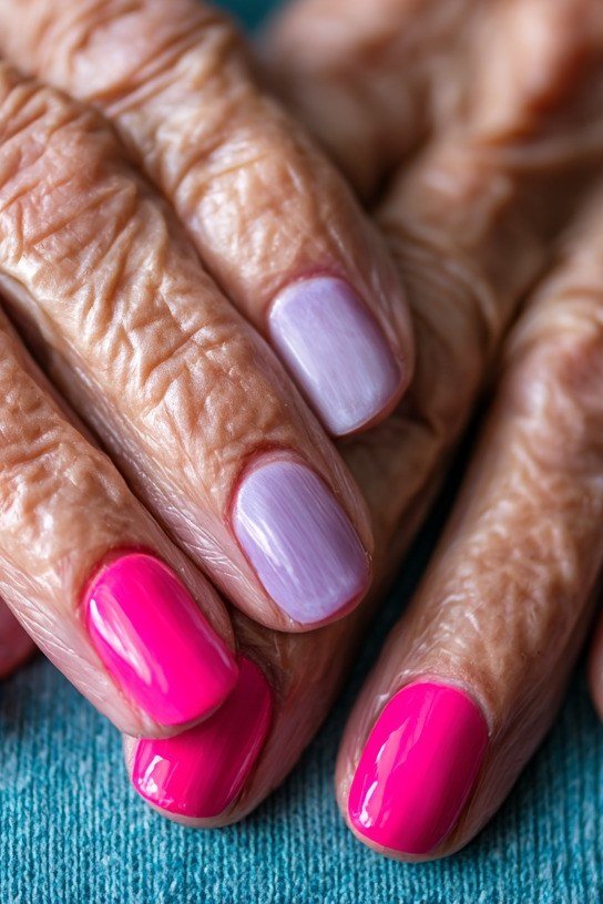 Hot Pink and Lavender Duo, elegant winter nail color idea for older women