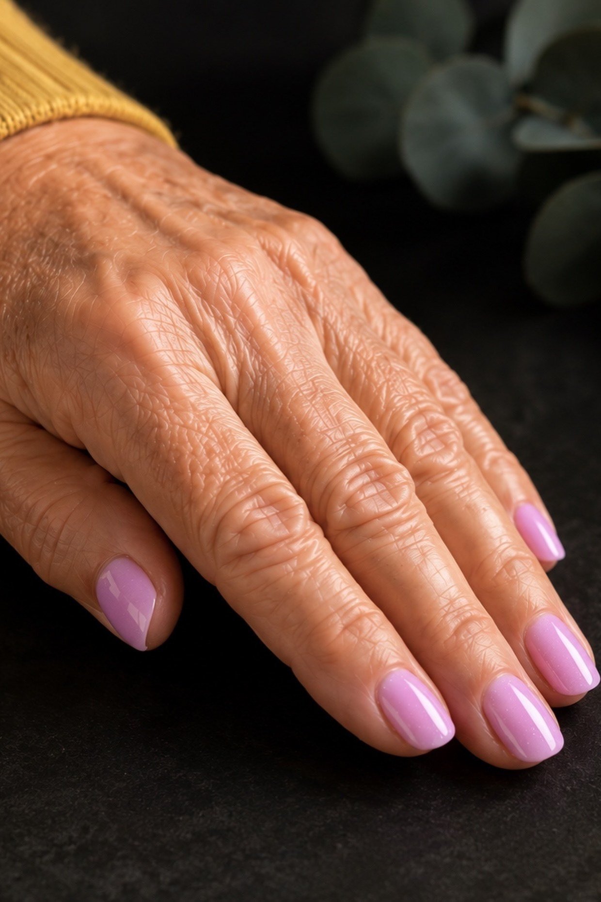 Soft Lilac with a Yellow Sweater, elegant winter nail color idea for older women