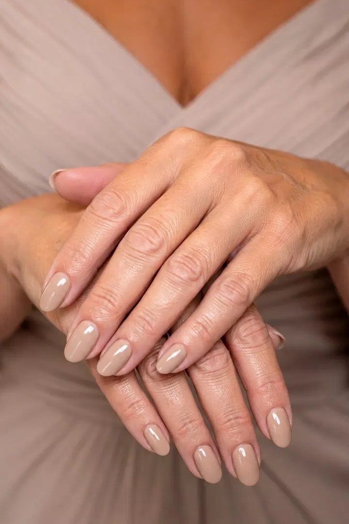 Greige Nude Over a Beige Dress, elegant winter nail color idea for older women