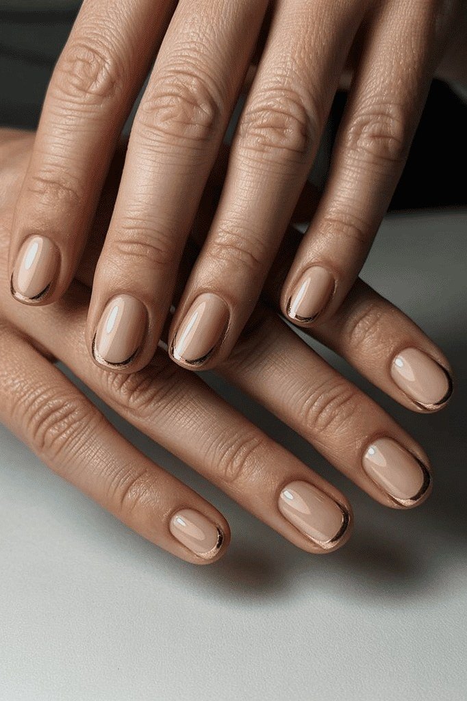 Taupe Nude with Dark Metallic Tips, elegant winter nail color idea for older women
