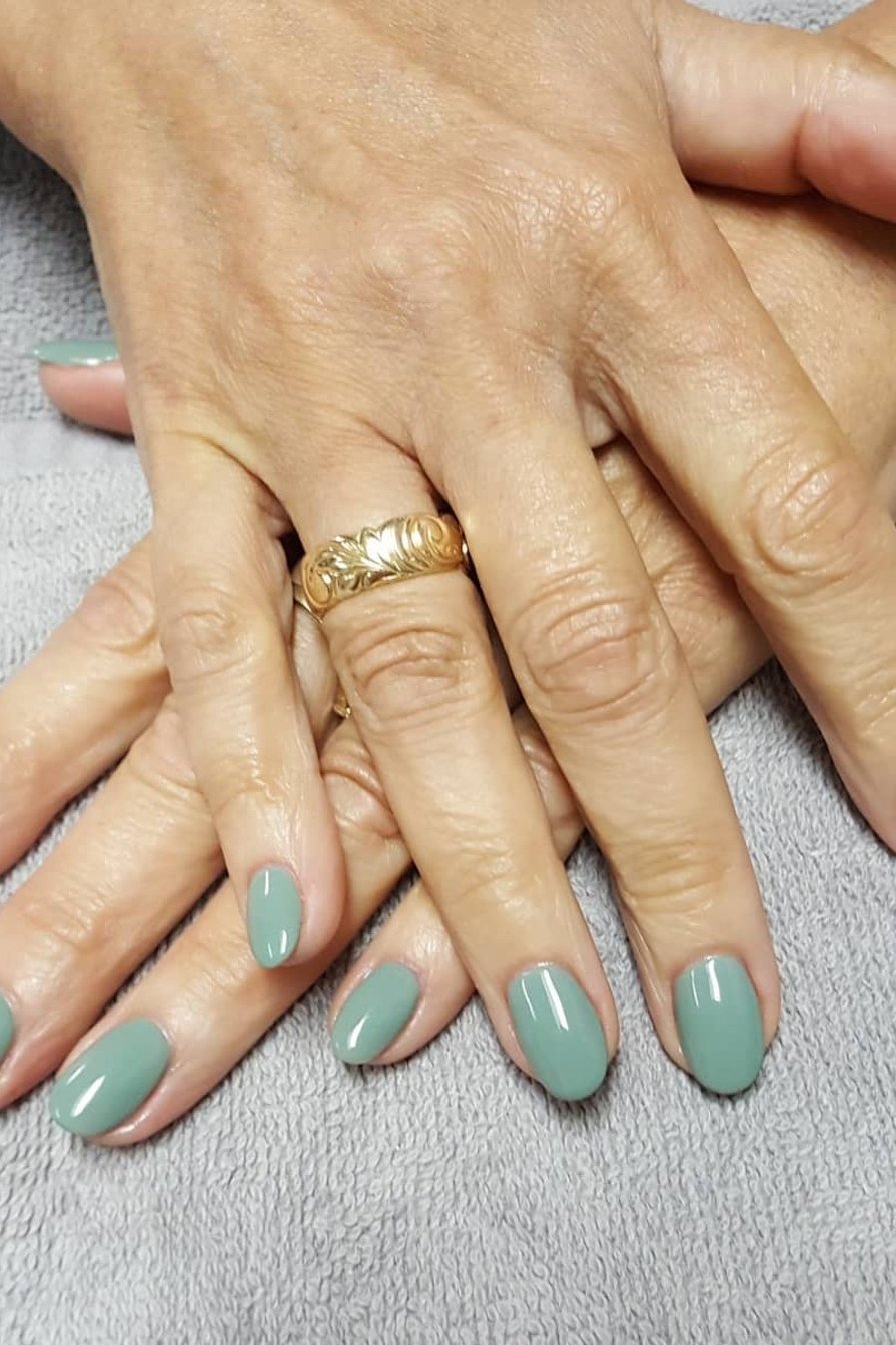 Soft Sage Mint, elegant winter nail color idea for older women