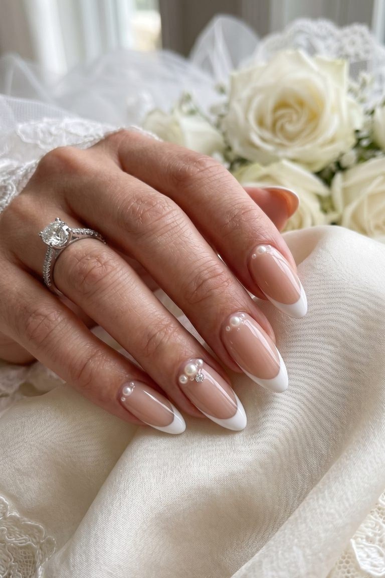 Nude French Almond with Pearl Dots - elegant wedding nails for women over 60