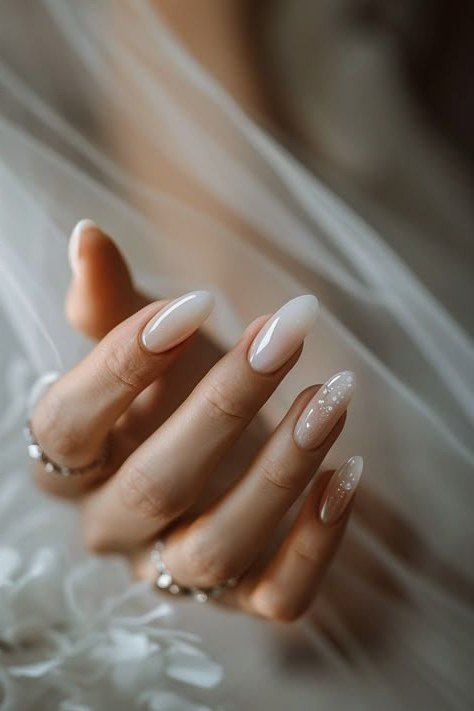 Milky White French Almond - elegant wedding nails for women over 60
